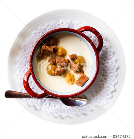 Custard dessert with cream cheese, brownie, praline Custard dessert with cream cheese, brownie, praline 85474372