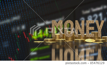 The gold money text and coins on business background 3d rendering 85476129
