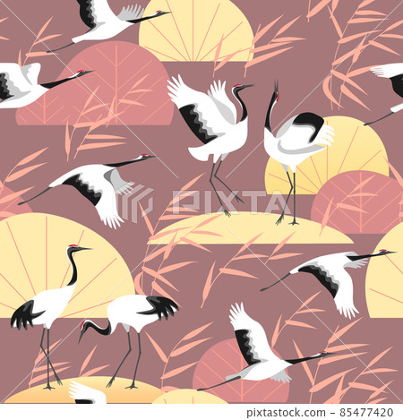 Seamless Pattern Wetland Scene and Japanese Cranes Seamless Pattern Wetland Scene and Japanese Cranes 85477420