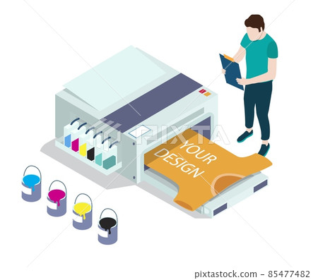 Custom t-shirt and apparel printing, vector isometric illustration. Custom merchandise. Print shop service. 85477482