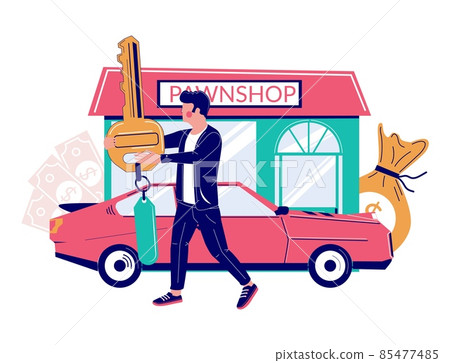 Car pawnshop services, vector illustration. Customer getting money in exchange for car key. Pawn shop loan. Car pawnshop services, vector illustration. Customer getting money in exchange for car key. Pawn shop loan. 85477485