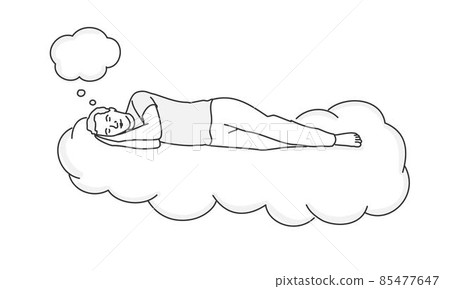 Relaxed and successful happy man sleeping on clouds in the sky. Vacation concept. Relaxed and successful happy man sleeping on clouds in the sky. Vacation concept. 85477647