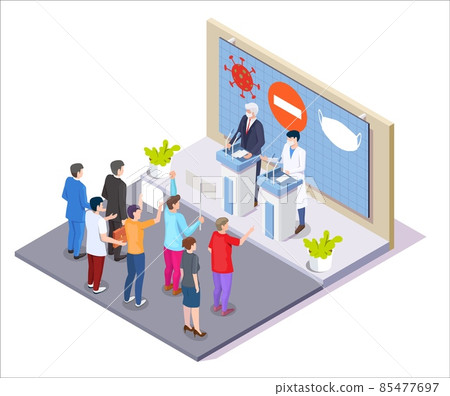 Anti mask Covid-19 protest, demonstration. Group of protesters with placards, vector isometric illustration. 85477697