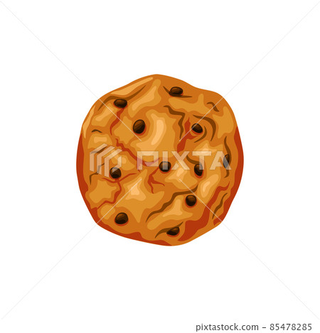 Round cookies with chocolate chips on a white isolated background. Freshly baked cookies. Icon. Vector cartoon illustration. Round cookies with chocolate chips on a white isolated background. Freshly baked cookies. Icon. Vector cartoon illustration. 85478285