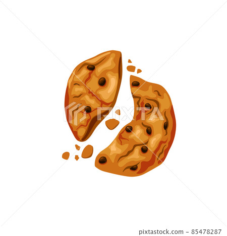 Cookies with chocolate chips broken in half. Freshly baked bitten cookies. Vector cartoon illustration. 85478287
