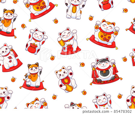 Different cute Japanese cats of good luck Maneki Neko. For printing on paper and fabric. Symbol wealth. Seamless vector pattern. 85478302