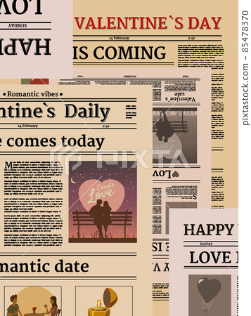 Valentine's day newspaper seamless pattern. Background with title header, unreadable text, retro. Vector illustration vintage Valentine's day newspaper seamless pattern. Background with title header, unreadable text, retro. Vector illustration vintage 85478370