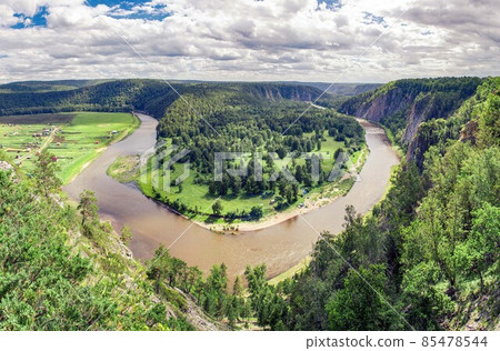 Landscape of Belaya river in Bashkortostan, mountain river bend 85478544