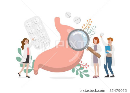 Human organs of stomach undergoing health check with doctor or nurse or medical staff, vector comic cartoon 85479053