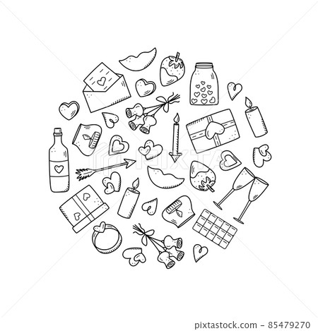 A set of doodle icons for Valentine s Day or wedding. Vector illustration of romantic accessories candles hearts ring bottle and glasses of wine, strawberry chocolate gift lips 85479270