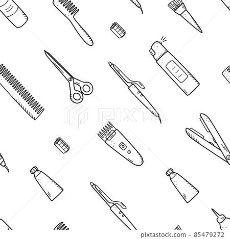 Seamless pattern of hairdressing elements. Vector illustration of doodle icons background, wallpaper. The concept of a hairdressing salon and a beauty salon 85479272
