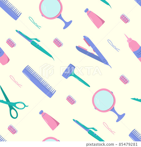 Seamless pattern hairdressing tool kit for beauty salon or home use. Vector illustration of doodle icons for self and hair care. Comb, razor, hair dryer, curling iron and other items 85479281