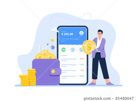 Sending and receiving payment with a smartphone. Capital flow, earning, and spending money. Digital bank or electronic wallet phone app, mobile money transactions concept. Vector flat illustration. Sending and receiving payment with a smartphone. Capital flow, earning, and spending money. Digital bank or electronic wallet phone app, mobile money transactions concept. Vector flat illustration. 85480047