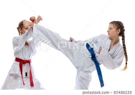Close-up young girls, teens, taekwondo athletes practicing together isolated over white background. Concept of sport, education, skills 85480220