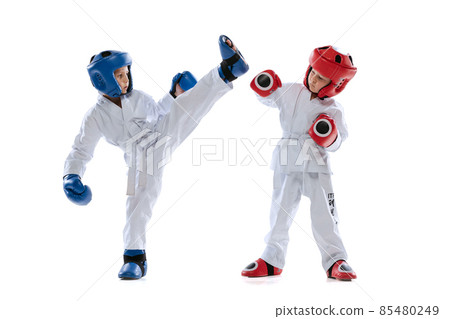 Two little kids, boys, taekwondo athletes training together isolated over white studio background. Concept of sport, education, skills Two little kids, boys, taekwondo athletes training together isolated over white studio background. Concept of sport, education, skills 85480249