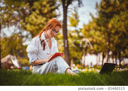 beautiful girl studies and works with laptop, blogger, makes notes, distance education outdoor 85480315