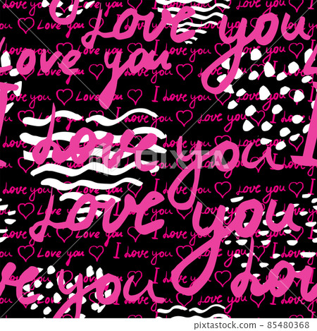 Pattern seamless, text I love you, hand written words, pink hearts. Sketch, doodle, lettering, happy valentines day. Vector illustration black background 85480368