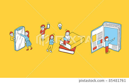 Illustrations of students looking up by each means such as smartphones, the Internet, books, etc. 85481761