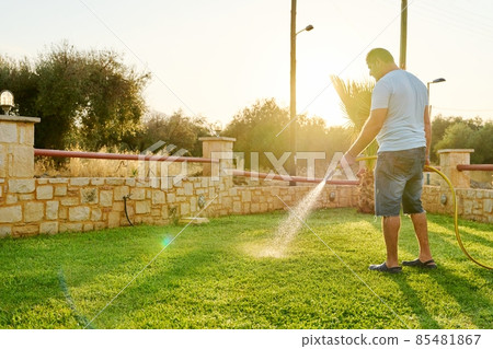 Man watering the lawn with a hose in the morning Man watering the lawn with a hose in the morning 85481867