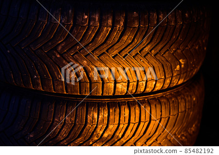 Set of all-season tires in the trunk of the car. Set of all-season tires in the trunk of the car. 85482192