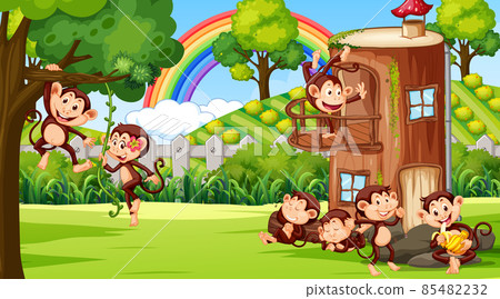 Outdoor scene with tree house and many monkeys 85482232