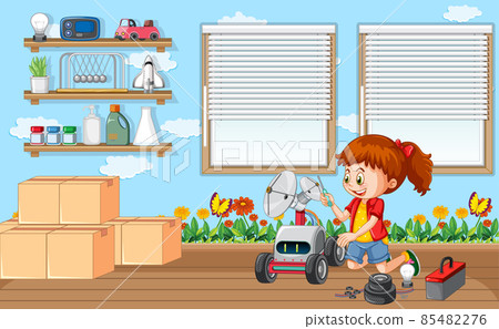 A girl repairing a robot together in the room scene 85482276