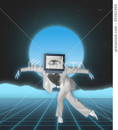 Retro collage. Contemporary art. Man with retro computer screen with eye on it dancing isolated over blue background in neon 85482469