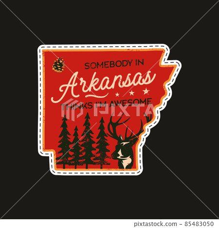 Vintage Arkansas camp patch logo, wild life badge. Someone in Arkansas Thinks I'm Awesome quote. Hand drawn sticker design. Travel expedition, outdoor wanderlust emblem with deer. Stock . 85483050