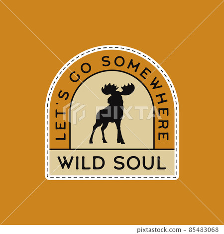 Vintage camp patches logo, wild life badge. Hand drawn sticker design. Travel expedition, backpacking label. Outdoor wanderlust emblem with moose. Stock . 85483068