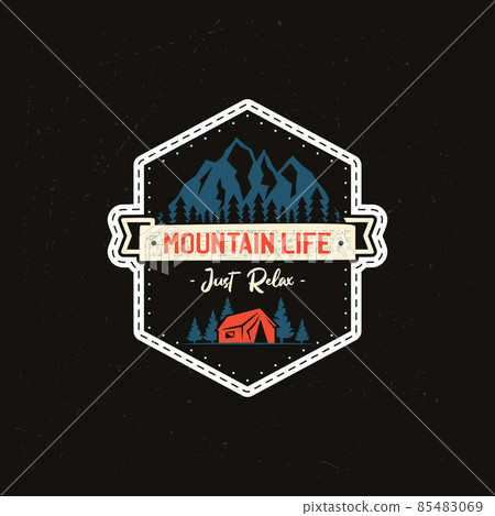 Vintage camp patches logo, mountain life badge. Hand drawn sticker design. Travel expedition, backpacking label. Outdoor wanderlust emblem. Stock . 85483069