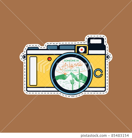 Vintage adventure badge patch with mountains, cactus, desert inside the camera and quote - Someone in Arizona loves me. Camping retro label. Stock Vintage adventure badge patch with mountains, cactus, desert inside the camera and quote - Someone in Arizona loves me. Camping retro label. Stock 85483154