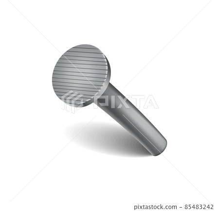 Hammered nail on surface. Iron, steel or silver pin head. Bent metal spike or hobnail with cap in cartoon style. Vector top view grey hardware for home construction, isolated on white background Hammered nail on surface. Iron, steel or silver pin head. Bent metal spike or hobnail with cap in cartoon style. Vector top view grey hardware for home construction, isolated on white background 85483242