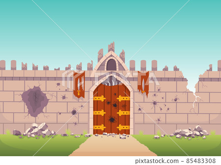 Medieval walls broken, ruined stone walls. Citadel after enemies attack or siege during war. Strong defence concept. Castle fortification with wooden city gate, fairy tale exterior Medieval walls broken, ruined stone walls. Citadel after enemies attack or siege during war. Strong defence concept. Castle fortification with wooden city gate, fairy tale exterior 85483308