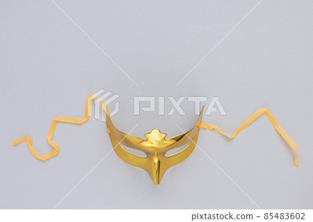 Gold carnival mask on gray background. Carnival season, celebration, costume party concept 85483602