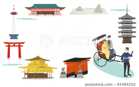 A couple of young men and women driving around famous sightseeing spots in Kyoto by rickshaw 85484202