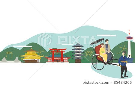 A couple of young men and women driving around famous sightseeing spots in Kyoto by rickshaw 85484206