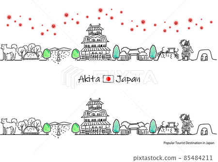 A simple line drawing set of the cityscape of tourist spots in Akita Prefecture and the new coronavirus A simple line drawing set of the cityscape of tourist spots in Akita Prefecture and the new coronavirus 85484211