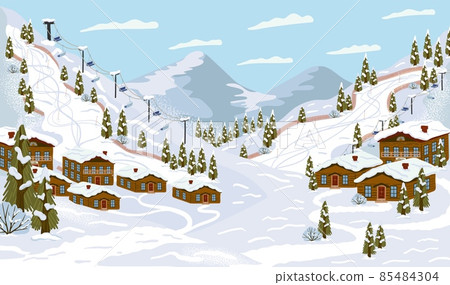 Ski resort with ski track, cable cars, ski lifts, vector illustration. Winter holidays and sport activity. Winter season mountain landscape with alps chalet. 85484304