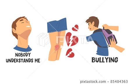 Face of Teenage Boy and Girl Feeling Sad Because of Broken Heart and Bullying Vector Set 85484363