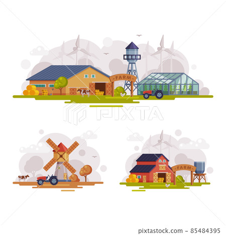 Country or Rural View with Barn House, Windmill... - Stock Illustration ...