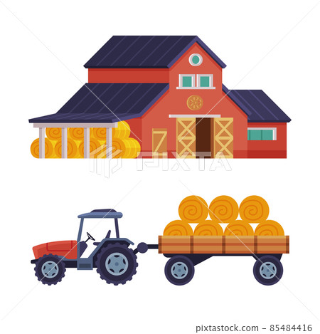 Timbered Red Barn or Granary for Crop Storage and Tractor with Bale of Hay Vector Set Timbered Red Barn or Granary for Crop Storage and Tractor with Bale of Hay Vector Set 85484416