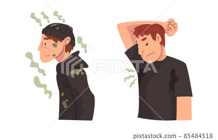 Man Raising Hand Feeling Bad Smell from Armpit and Wearing Dirty Clothes Vector Set 85484518