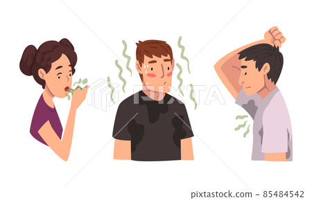 Man and Woman Breathing to the Hand Feeling Bad Smell from Their Mouth and Armpit Vector Set Man and Woman Breathing to the Hand Feeling Bad Smell from Their Mouth and Armpit Vector Set 85484542