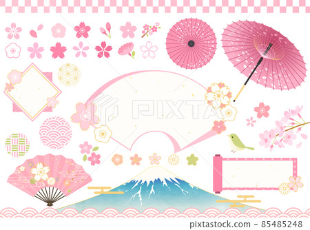 Vector illustration of spring images such as cherry blossoms, Mt. Fuji, frames, Japanese umbrellas, etc. 85485248