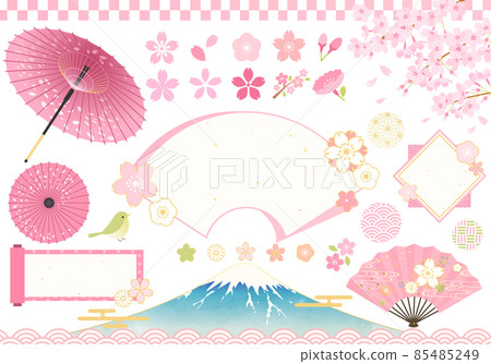 春天圖像的矢量插圖,如櫻花、富士山、相框、日本雨傘等。 春天圖像的矢量插圖,如櫻花、富士山、相框、日本雨傘等。 85485249