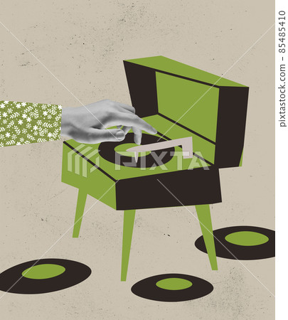 Contemporary art collage. Male hands turning on retro styled green vinyl player isolated over beige background Contemporary art collage. Male hands turning on retro styled green vinyl player isolated over beige background 85485410