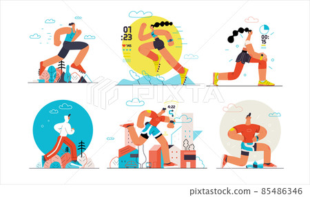 Runners - a set of illustrations of running and exercising outside people 85486346