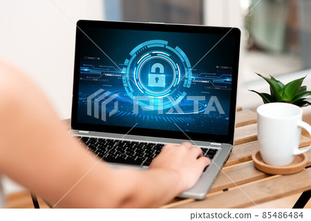 Hand Busy Typing On His Laptop Beside Coffe Mug And Plant Accomplishing Work From Home. Arm Encoding Minicomputer Next To Cap And Flower Finishing Remote Jobs. 85486484