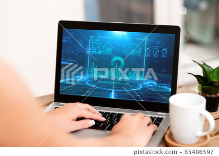 Hand Of Woman Typing On A Laptop Beside Coffee Mug And Beautiful Plant Accomplishing Work From Home. Girl S Arm Making New Projects Finishing Remote Jobs. Hand Of Woman Typing On A Laptop Beside Coffee Mug And Beautiful Plant Accomplishing Work From Home. Girl S Arm Making New Projects Finishing Remote Jobs. 85486597