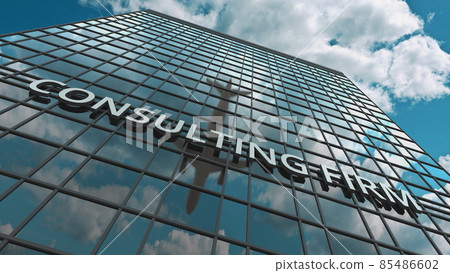 CONSULTING FIRM signboard on a modern skyscraper reflecting flying plane. 3D rendering CONSULTING FIRM signboard on a modern skyscraper reflecting flying plane. 3D rendering 85486602